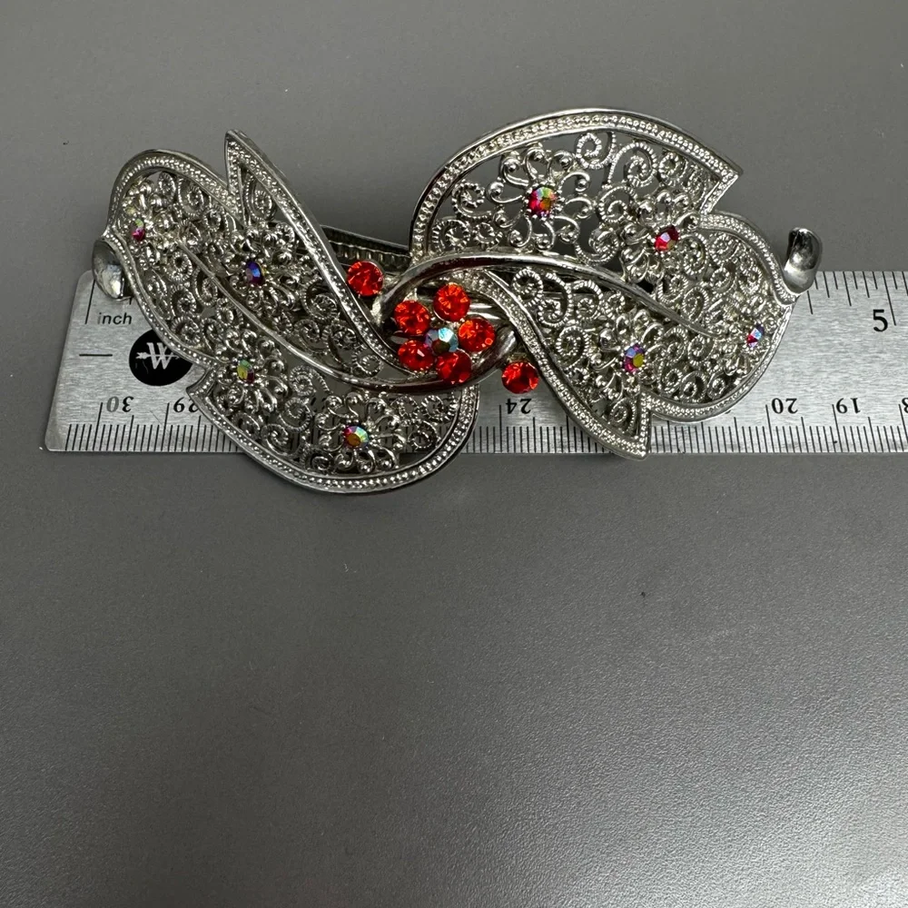 Vintage Ornate Silver Tone Hair Barrette with Red Floral Rhinestones